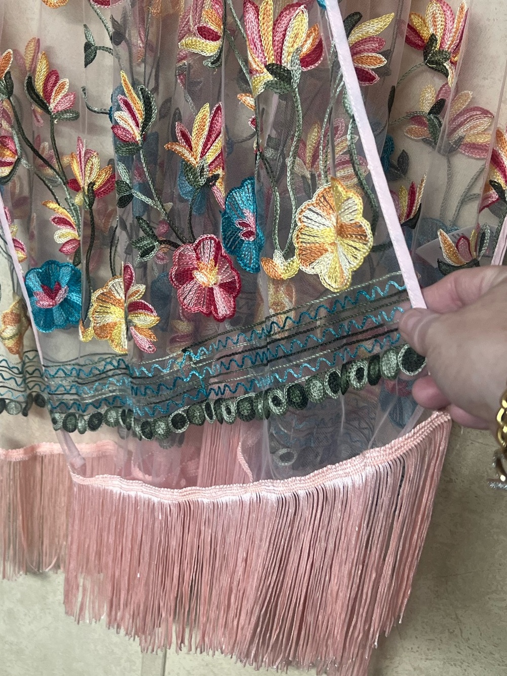 Haute Hippie pink sheer floral embroidered kimono with fringe trim - Picture 9 of 11